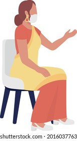 Woman with face mask semi flat color vector character. Sitting figure. Full body person on white. Communication process isolated modern cartoon style illustration for graphic design and animation