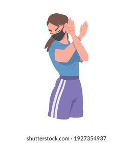 Woman in Face Mask Showing Stop Virus Sign with Her Hand Vector Illustration