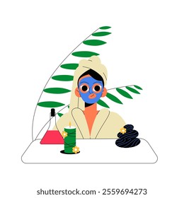 Woman With Face Mask At Spa Table In Flat Vector Illustration Symbolizing Self Care, Relaxation, And Wellness, Isolated On White Background.