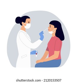 Die Patientinnen in Gesichtsmaske testeten das Coronavirus anhand eines Pcr-Tests des Patienten. Vektorgrafik im Flachstil