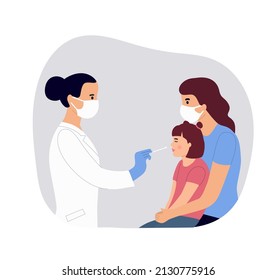 Woman in face mask tested the coronavirus by pcr test from the elderly patient with child. Vector flat style cartoon illustration