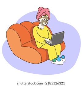 Woman with a face mask and towel on the head sitting on the sofa. Woman working at home. Freelancer. Distant work. Online work. Working in the internet.