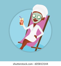 Woman with face mask and towel on her head lying in beauty salon. Woman relaxing in beauty salon. Girl getting beauty treatments. Vector flat design illustration in the circle isolated on background.