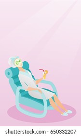 Woman with face mask and towel on her head lying in chaise lounge and drinking cocktail. Woman relaxing in beauty salon. Girl having beauty treatments. Vector flat design illustration. Vertical layout