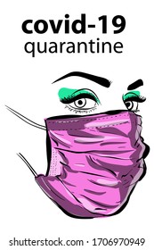Woman face in mask Virus Covid19, epidemy. Protective resperatory mask.