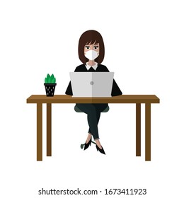 Woman with face mask working on a laptop. Coronavirus. Quarantine. Business. Vector illustration.