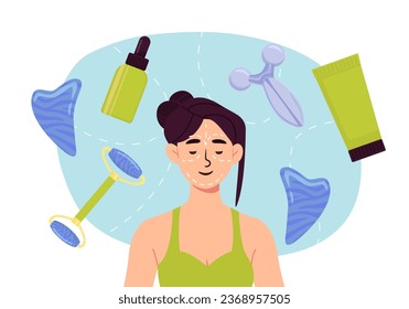Woman with face massage concept. Young girl with roller, cream and lotion, moisturizer. Skin and health care. Beauty, aesthetics and elegance, youth. Cartoon flat vector illustration - Shutterstock ID 2368957505