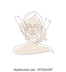 Woman face massage. Drawn with one line. Front view.