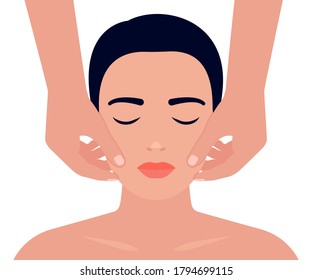 Woman face massage. Facial skin care. Relaxing technique, massage therapist procedure. Vector illustration