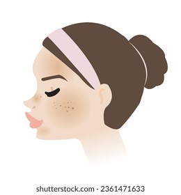 Woman face with melasma skin side view vector isolated on white background. Hyperpigmentation, patchy dark brown and spots is on cheeks, nose, chin and forehead. Skin problem concept illustration.