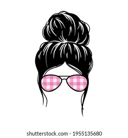 woman face with messy hair in a bun and long eyelashes. Mom life cutfile. vector illustration