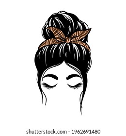 woman face with messy hair in a bun and long eyelashes. Mom life cutfile. vector illustration