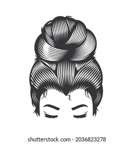 Woman face with messy hair bun and long eyelashes vector line art illustration.