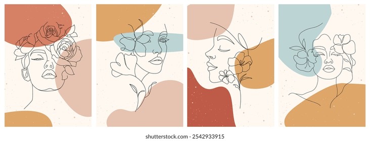 Woman face in minimalist boho style. Female portrait with line flowers. Hand drawn female face abstract line art. Flat vector illustration for social media, logos, posters, postcards, t-shirt printing