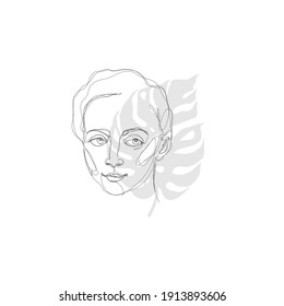 La mujer enfrenta la hoja de monstera. Dibujo continuo de vectores de una línea negra. Esbozo lineal negro minimalista aislado sobre fondo blanco. Contexto de arte simple para el logotipo, banner, blog, decoración doméstica como