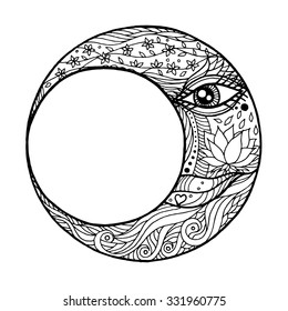 woman face in the moon, abstract line art zentangle, hand drawn, vector illustration design