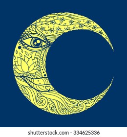 woman face in the moon, abstract line art zentangle, hand drawn, vector illustration design