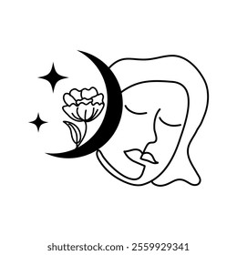 Woman face with moon and flower drawn with one line. Concept of astrological phenomena and their influence on mental health, mood. Vector illustration of tattoo