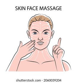 Woman face and neck massage instruction with lines and arrows flat vector illustration