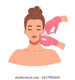 Woman face on the cosmetic procedure of beauty injection for lips augmentation. Cosmetologist hands in gloves holding syringe with filler for injecting