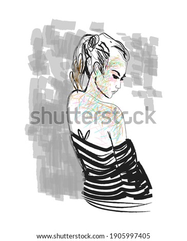 Woman face on stylish vector illustration. Art line, rough,beauty.
