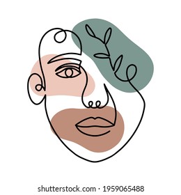 Woman face one continuous line drawing with floral elements minimal art design isolated on white background vector illustration.