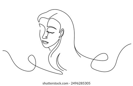 Woman face in one continuous line drawing. One line poster. Outline women portrait. For interior design and presentations. Vector illustration.