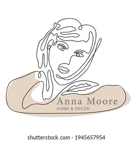 Woman face one line contour modern logo. Female girl abstract beauty portrait fashion elegant vector icon. Trendy single line art romantic lady. Simplicity nature color design.