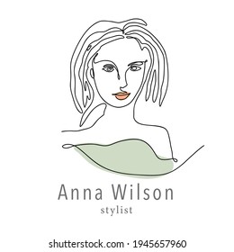 Woman face one line contour modern logo. Female girl abstract beauty portrait fashion elegant vector icon. Trendy single line art romantic lady. Simplicity nature color design.