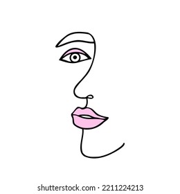 Woman face one line. Contour drawing of a girl's face. Vector Illustration forbackgrounds and packaging. Image can be used for greeting card, poster, sticker and textile. Isolated on white background.