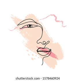 Woman face one line drawing on pastel pink brush strokes. Design element for beauty logo, make up card, fashion apparel print. Continious contour of eyes, lips and elegant shapes. Feminine portrait