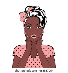 Woman face with open mouth pop art vector icon on white background