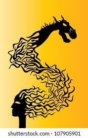 woman face and oriental dragon