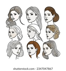 Woman face outline. Set of nine different angel view. Beautiful young girl face portraits. Realistic line cute girl sketch illustration