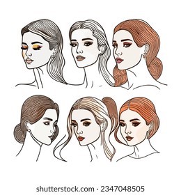 Woman face outline. Set of six different angel view. Beautiful young girl face portraits. Realistic line girl sketch illustration