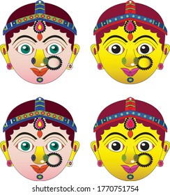 woman face painted mashed paper (papier mache) mask on white background isolated with work path. for textile/fabric pattern.