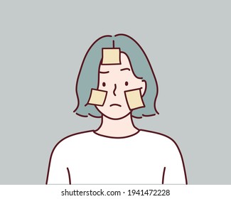 woman face with paper for a message. Hand drawn style vector design illustrations.