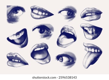 Woman face parts with halftone effect isolated. Monochrome brutalist, postmodern graphic elements. Vector EPS10.