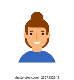 A woman face with a perfect smile and brown hair. Color flat cartoon style. White background. Vector illustration.