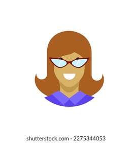 Woman face picture with middle haircut in casual clothing with glasses on white background. Portrain cutout of lady head