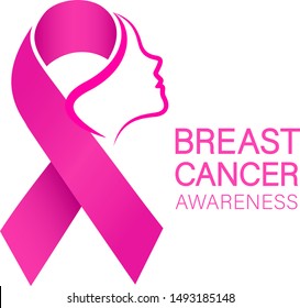 Woman face in pink ribbon. Breast Cancer Awareness Month Campaign. Icon design for poster, banner, t-shirt. Illustration isolated on white background.