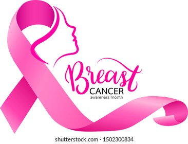 Woman face in pink ribbon. Breast Cancer Awareness Month Campaign. Icon design for poster, banner, t-shirt. Illustration isolated on white background.