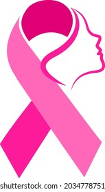 Woman face in pink ribbon. Breast Cancer Awareness Month Campaign. Icon design for poster, banner.