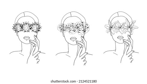 Woman face. Portrait minimalistic style. Portrait of female model with long hair. Minimalistic portrait, beautiful face. Trendy modern illustration.