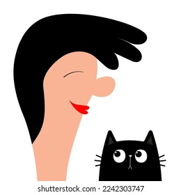 Woman face profile. Cute black cat. Young girl head. Beautiful lady, female. Brunette hair. Avatar for social networks. Cartoon funny character. Love pet. Flat design. White background. Vector