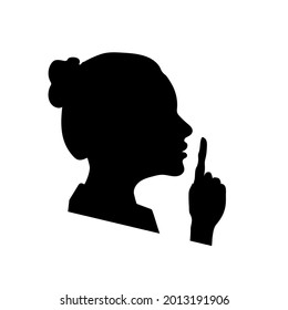 Woman face profile with hand, shhh icon isolated on white, please keep quiet sign