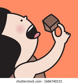 Woman Face Profile Open Mouth Eating Big Square Shaped Chocolate Bar Concept Card Character Illustration