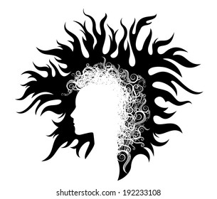 woman face profile with wild hairstyle illustration