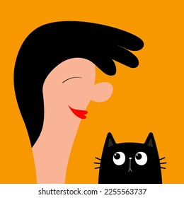 Woman face profile. Young girl head. Cute black cat. Beautiful lady, female. Brunette hair. Avatar for social networks. Cartoon funny character. Love pet. Flat design. Yellow background. Vector