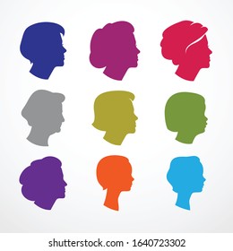 Woman face profiles of different age categories, growing to adult from child to teenager and woman, maturation and getting old, periods and cycle of life. Vector simple icon or logo design.